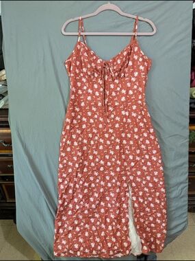 Rust Floral Tie-Front Midi Dress Cottagecore Milk Maid Style